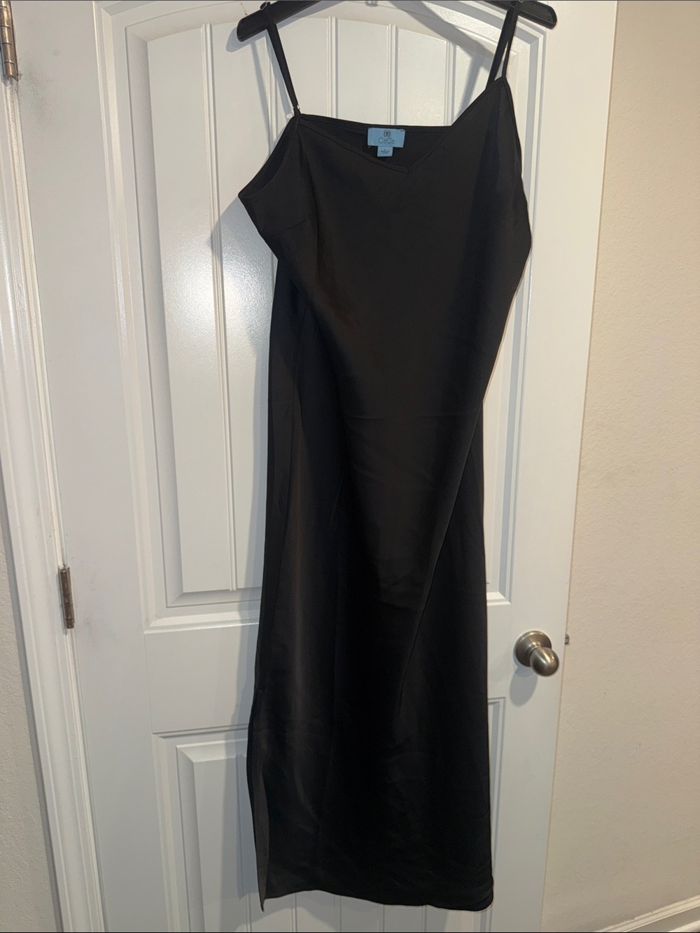CeCe Black Satin Midi Slip Dress with Side Slit - Size Large